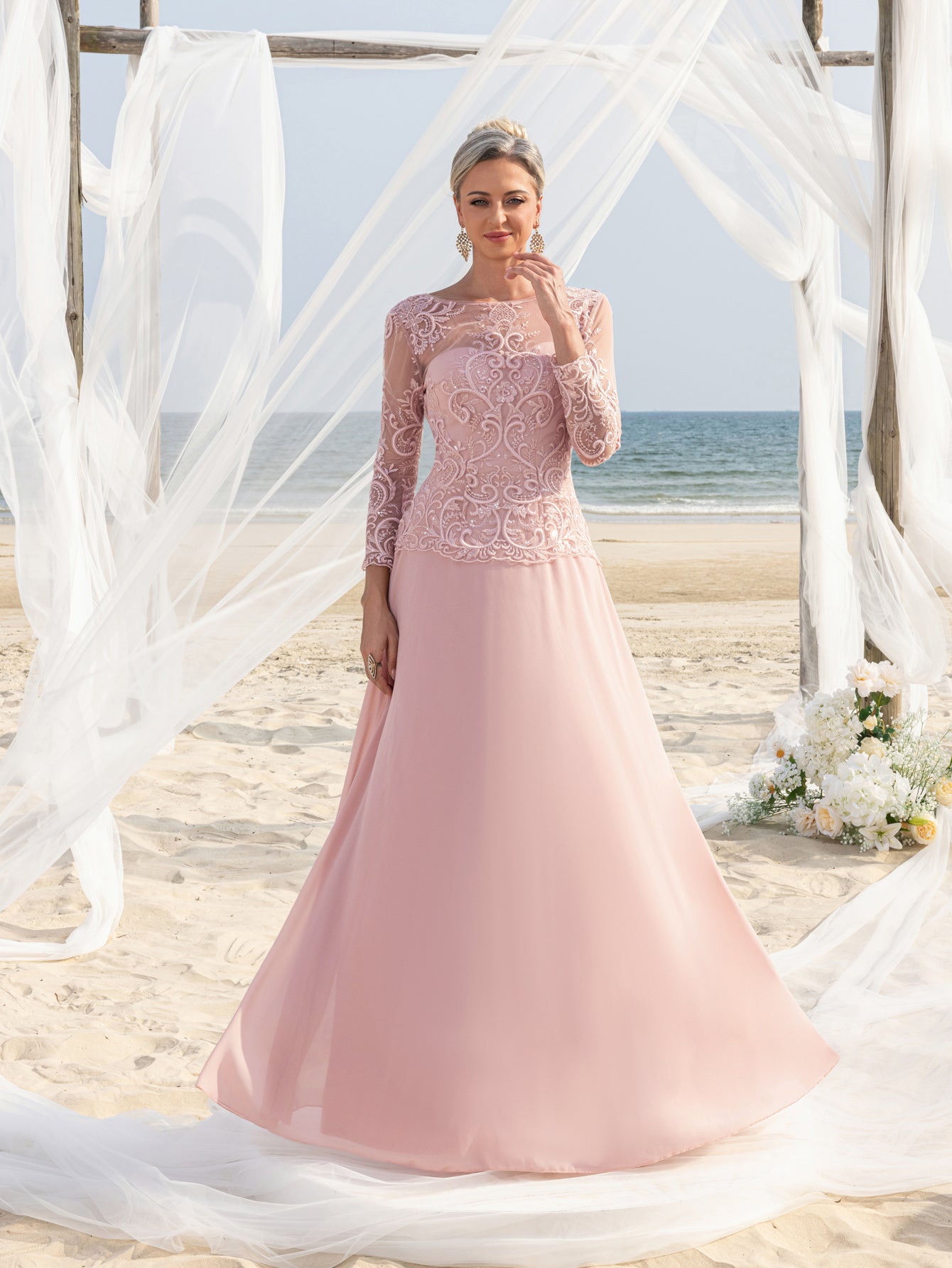 Womens' Elegant Evening Gowns: Lace & Chiffon with Boat Neckline and Floral Embroidery – Timeless Formal Occasion Dresses