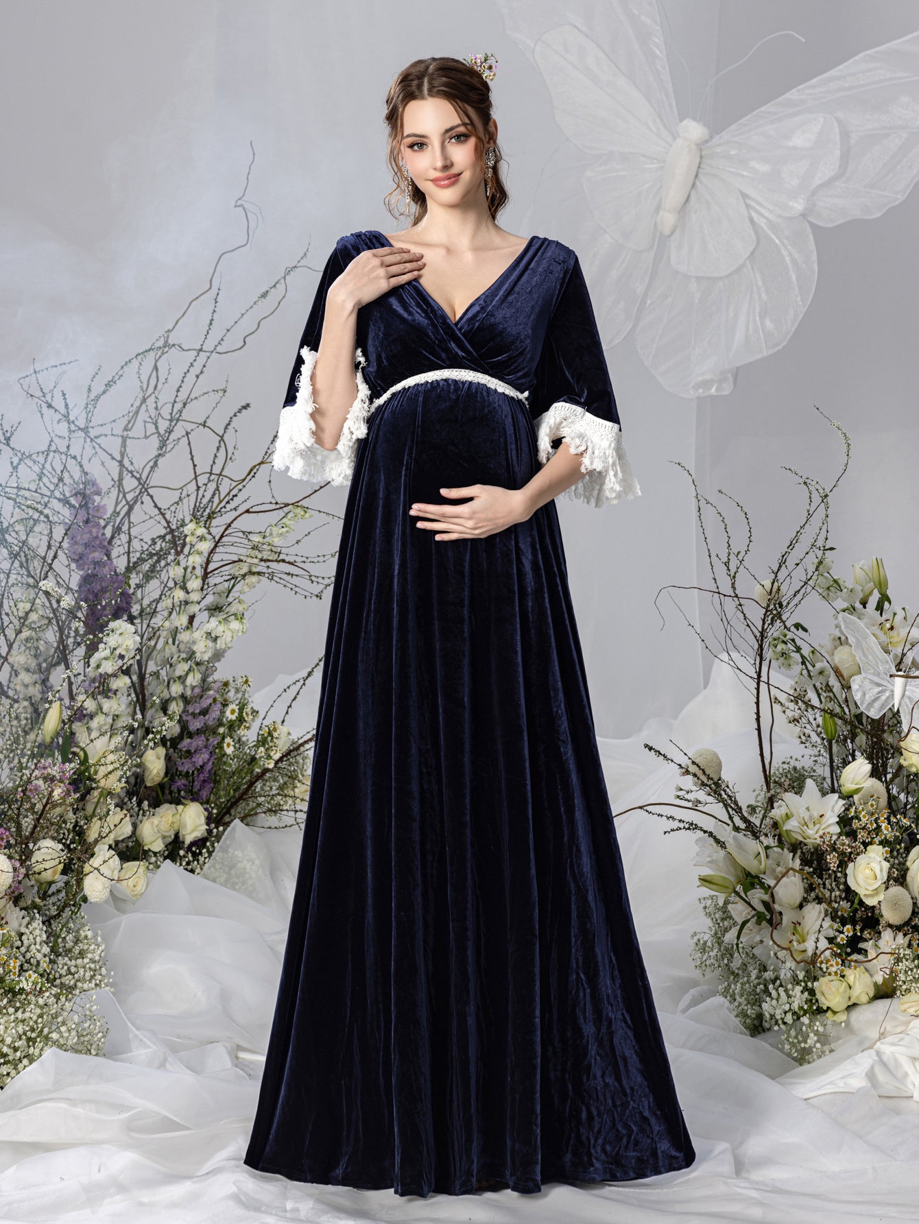 Maternity V Neck Half Sleeves Velvet Party Dress