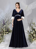 Maternity V Neck Half Sleeves Velvet Party Dress