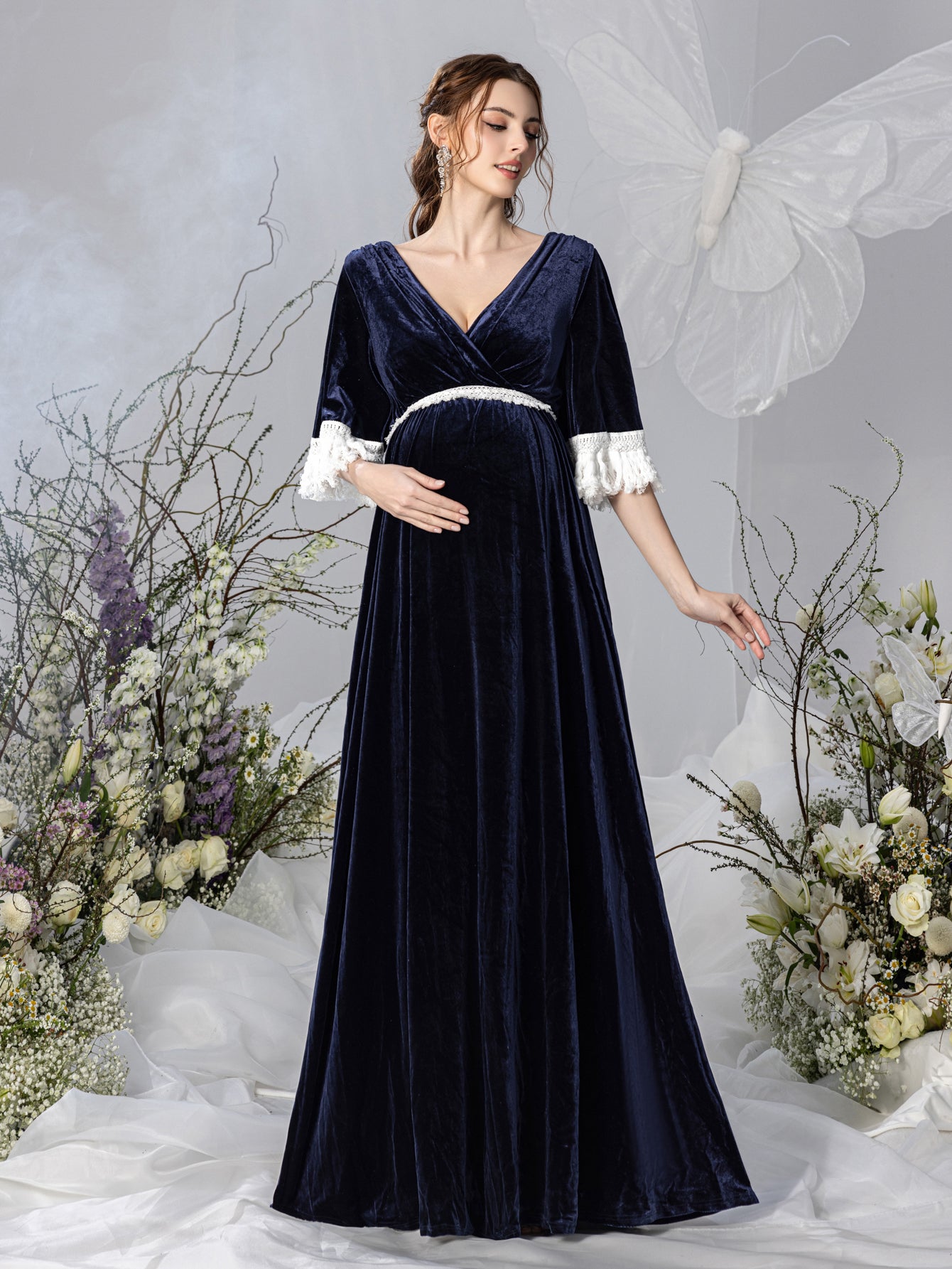 Maternity V Neck Half Sleeves Velvet Party Dress