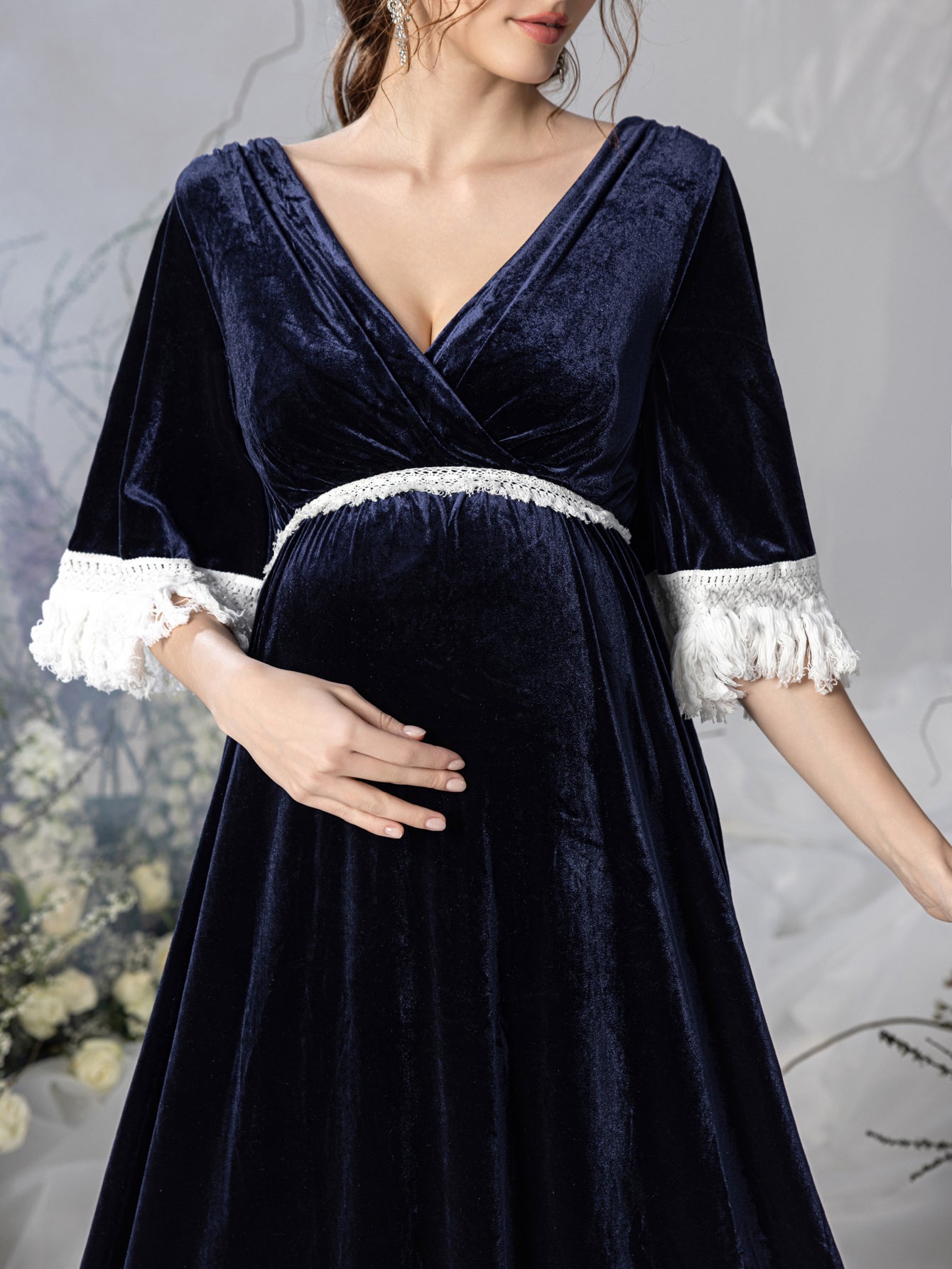 Maternity V Neck Half Sleeves Velvet Party Dress