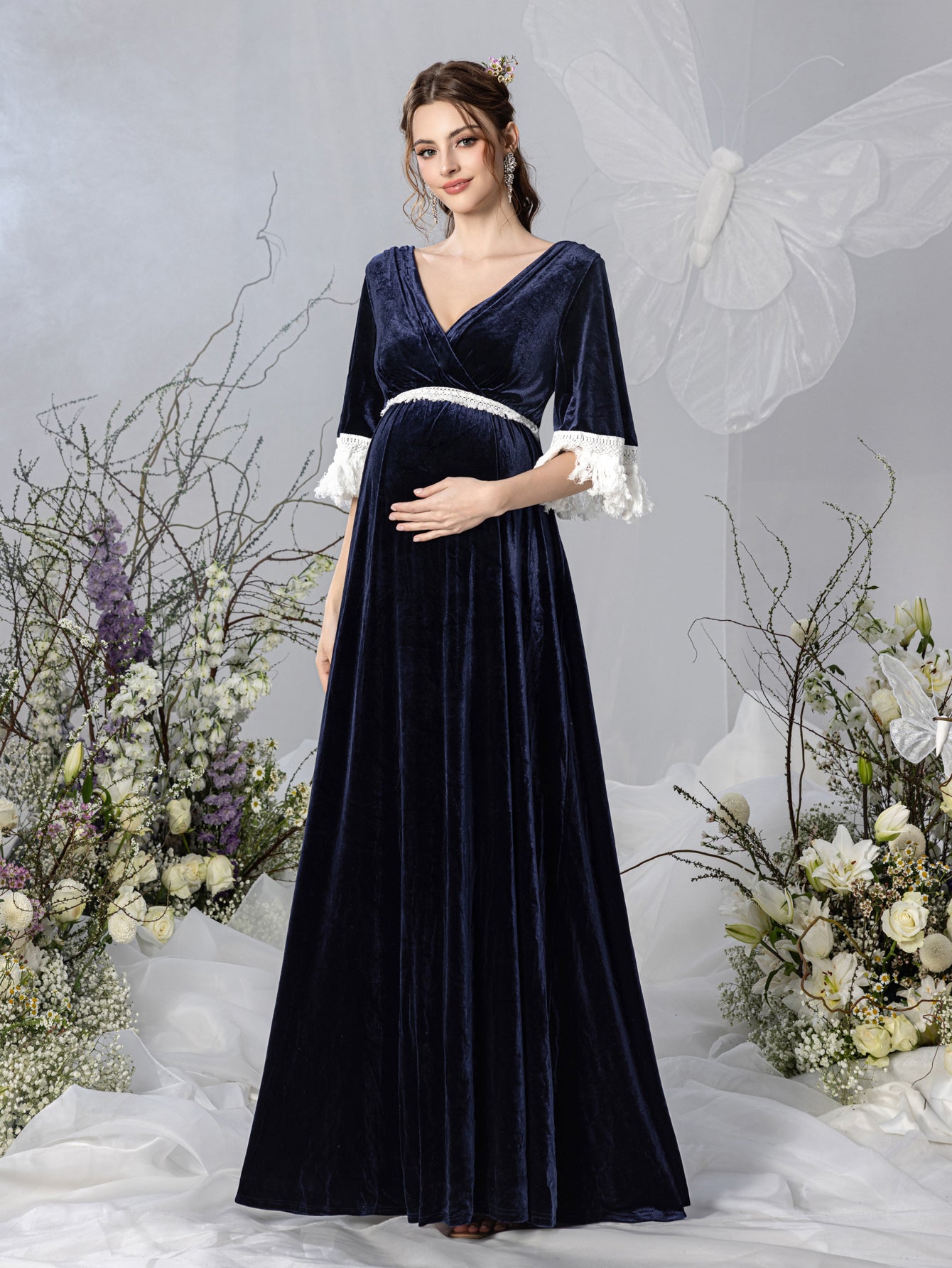 Maternity V Neck Half Sleeves Velvet Party Dress