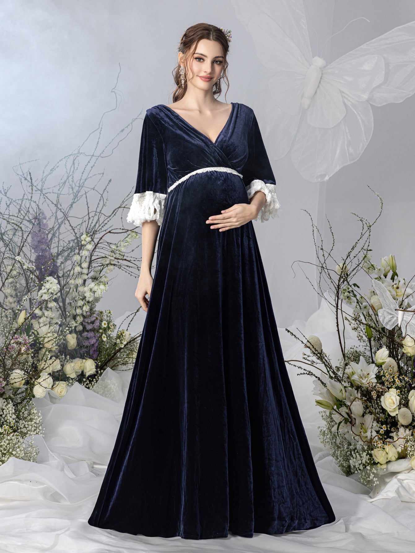 Maternity V Neck Half Sleeves Velvet Party Dress