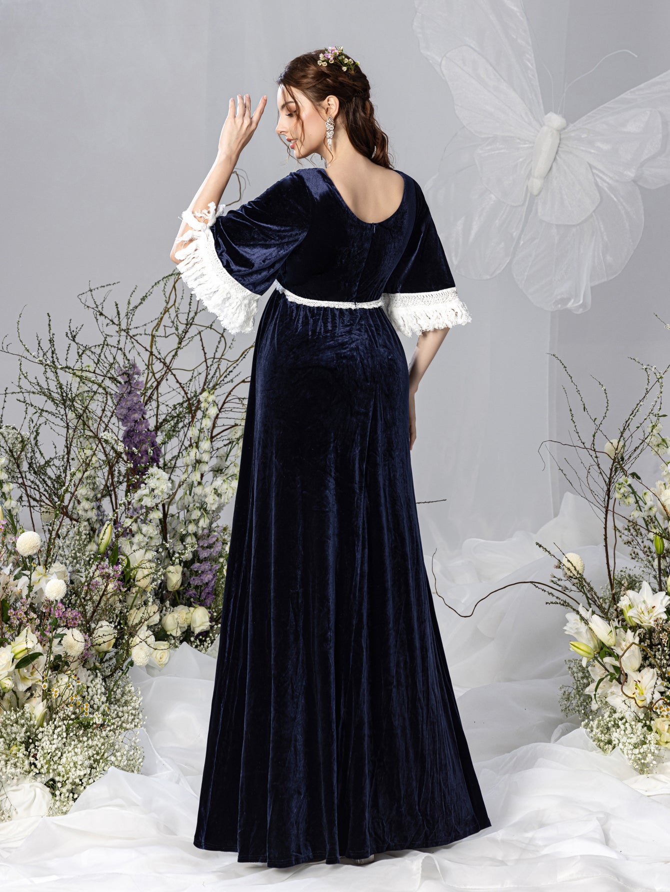 Maternity V Neck Half Sleeves Velvet Party Dress