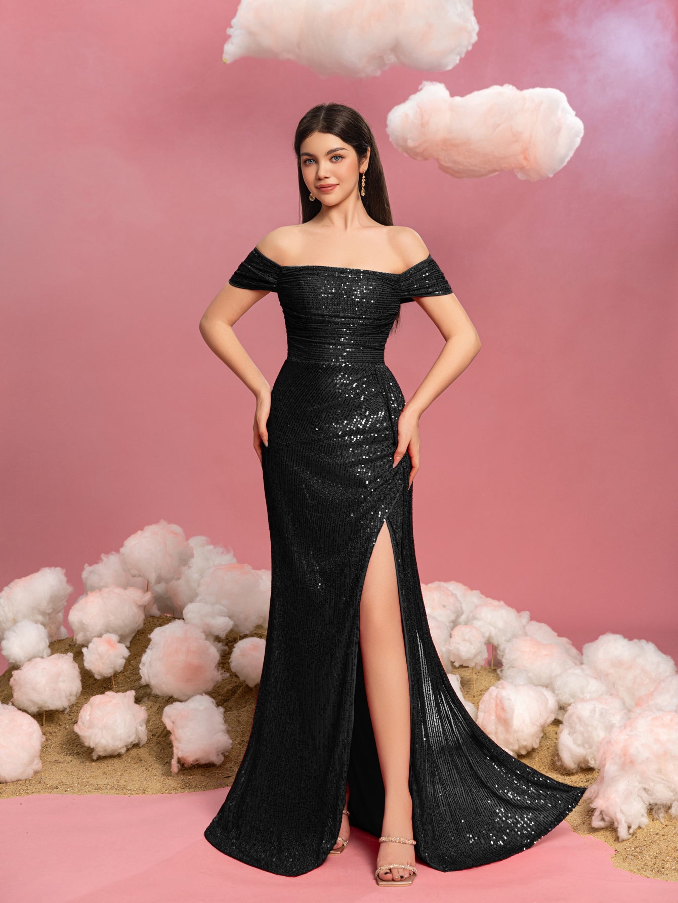 off the shoulder sequin dress Teen Girls' Off Shoulder Draped Side Split Hem Sequin Party Dress – Elonnashop