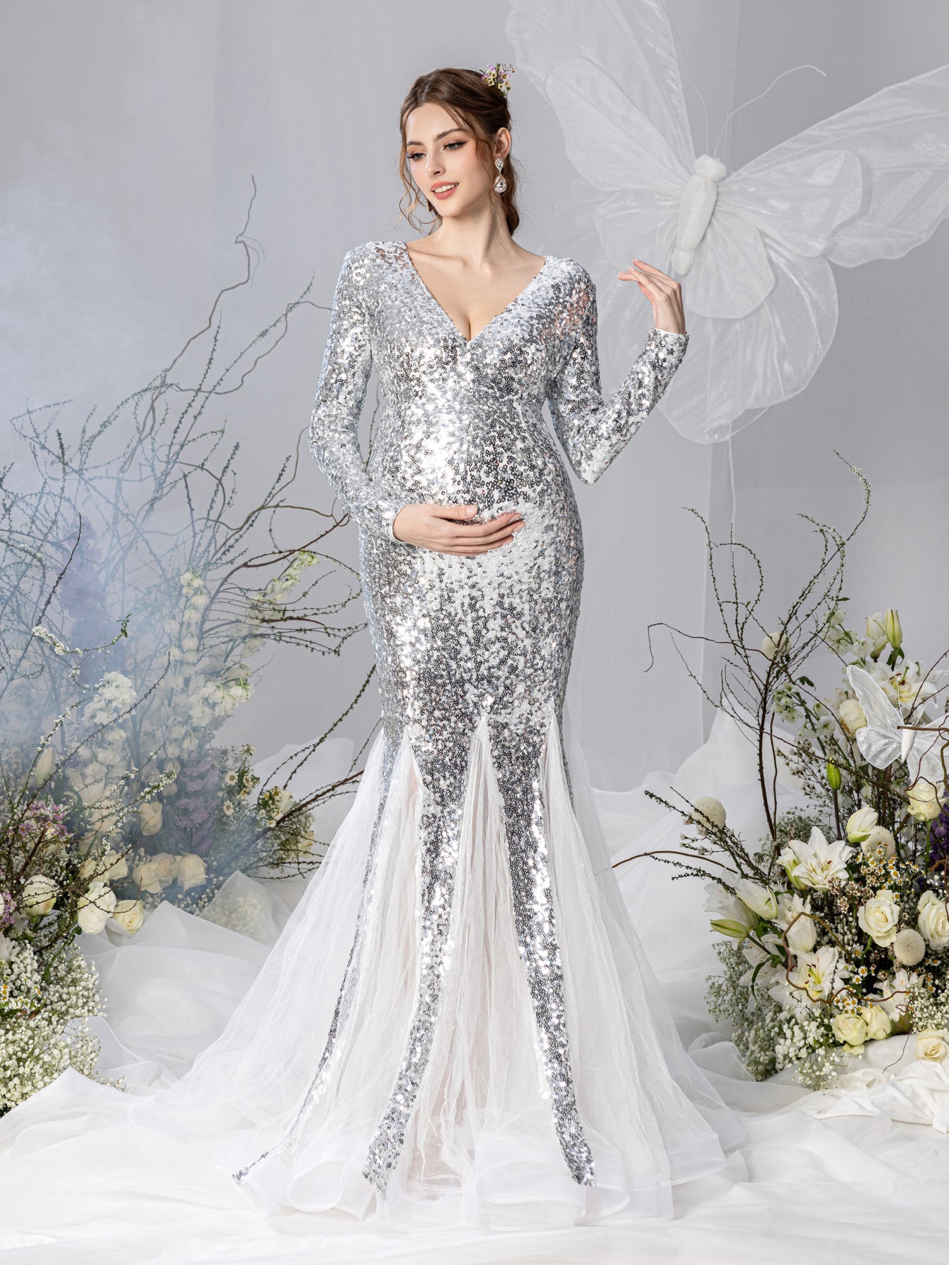 Maternity V Neck Long Sleeves Sequin Mermaid Dress Elonnashop Maternity V Neck Long Sleeves Sequin Mermaid Dress Elonnashop