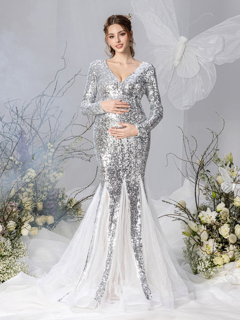 silver glitter maternity dress White Sequin One Arm Maternity Maxi Dress, for a baby shower Small / Cream main image 0