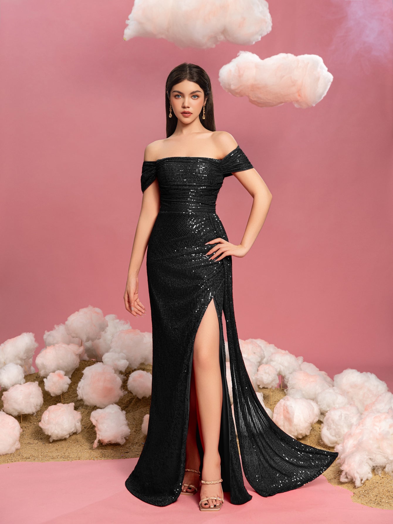 black off shoulder sequin dress Black Tassel Off-the-shoulder Sequin Formal Dress