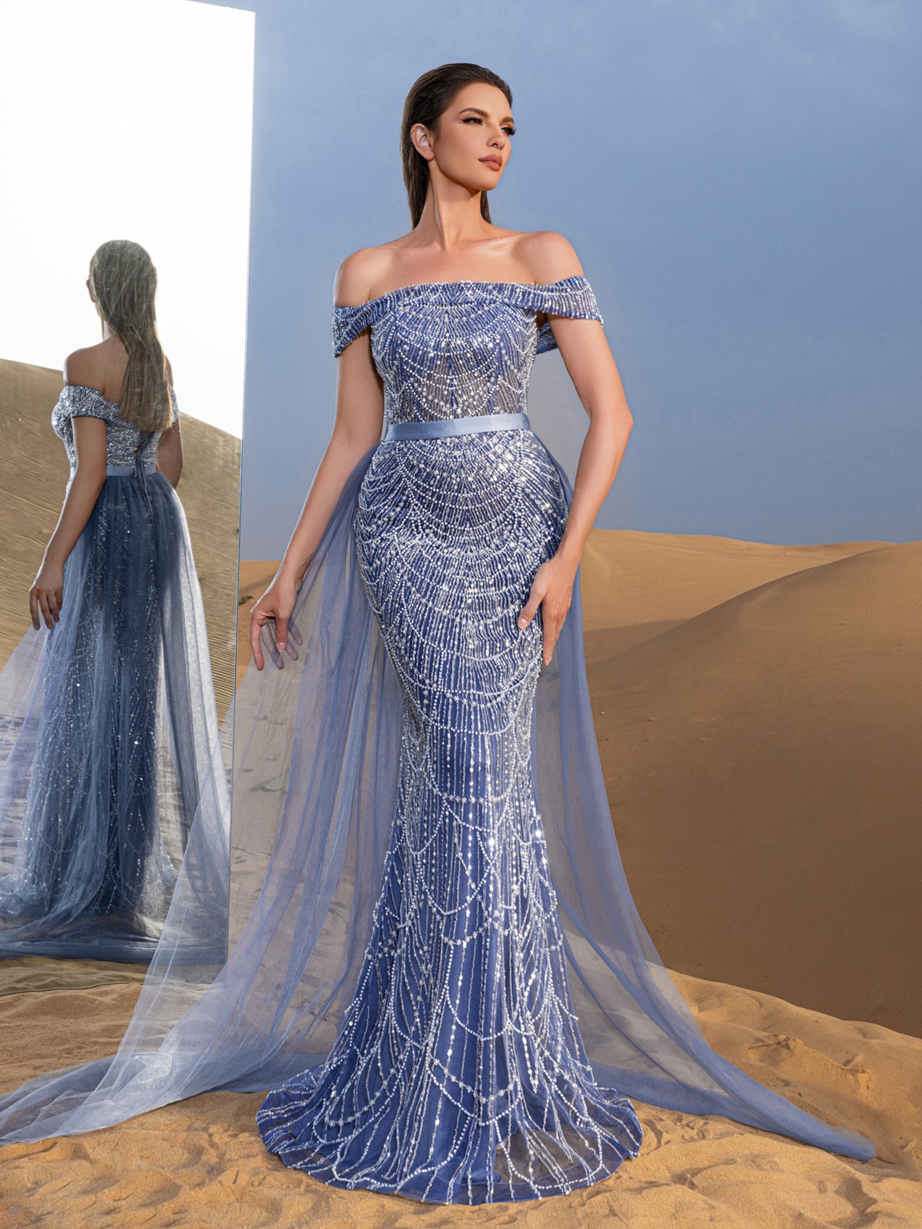 Luxury Off Shoulder Tulle Overlay Mermaid Hem Beaded Seuqin Evening Dress