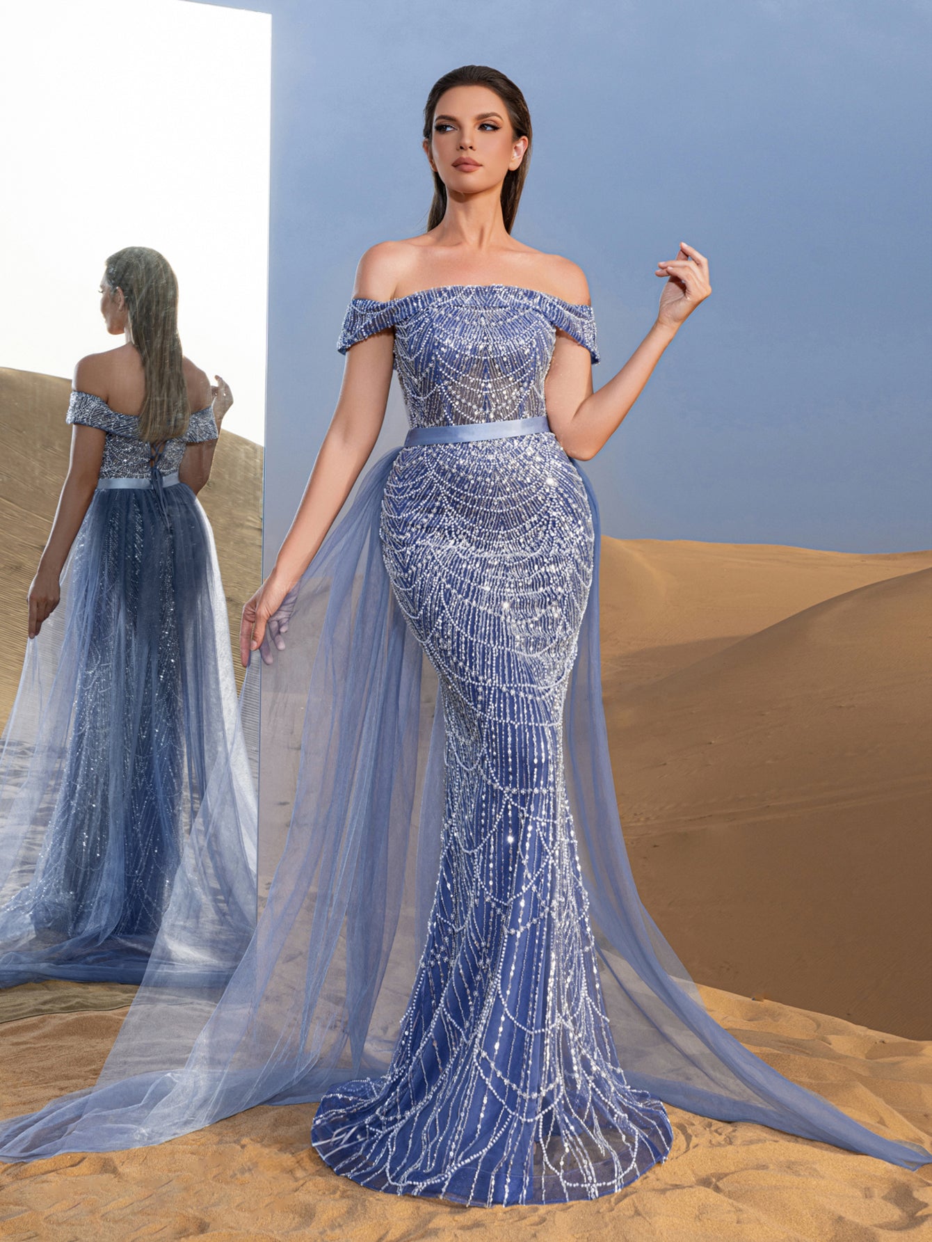 Luxury Off Shoulder Tulle Overlay Mermaid Hem Beaded Seuqin Evening Dress