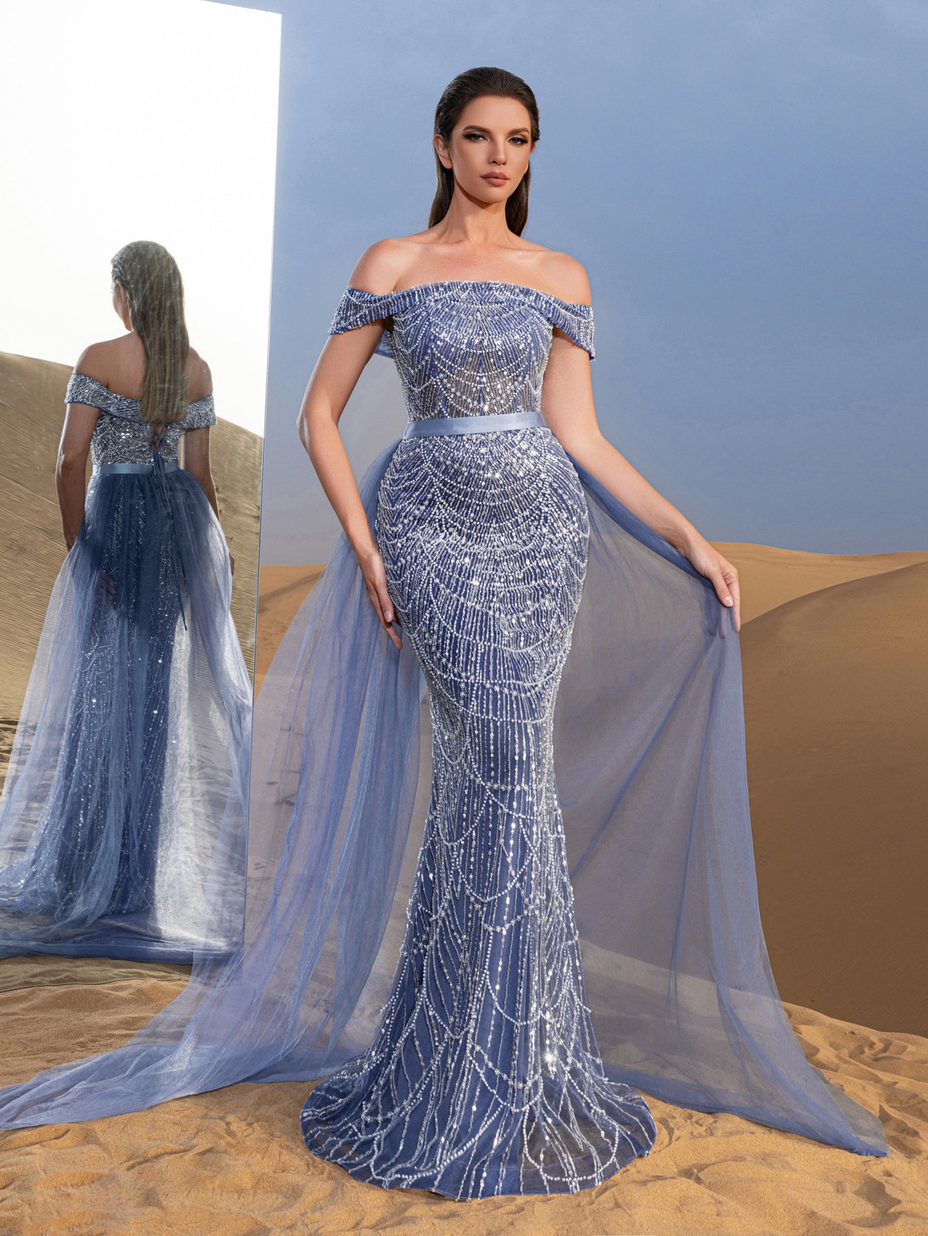 Luxury Off Shoulder Tulle Overlay Mermaid Hem Beaded Seuqin Evening Dress