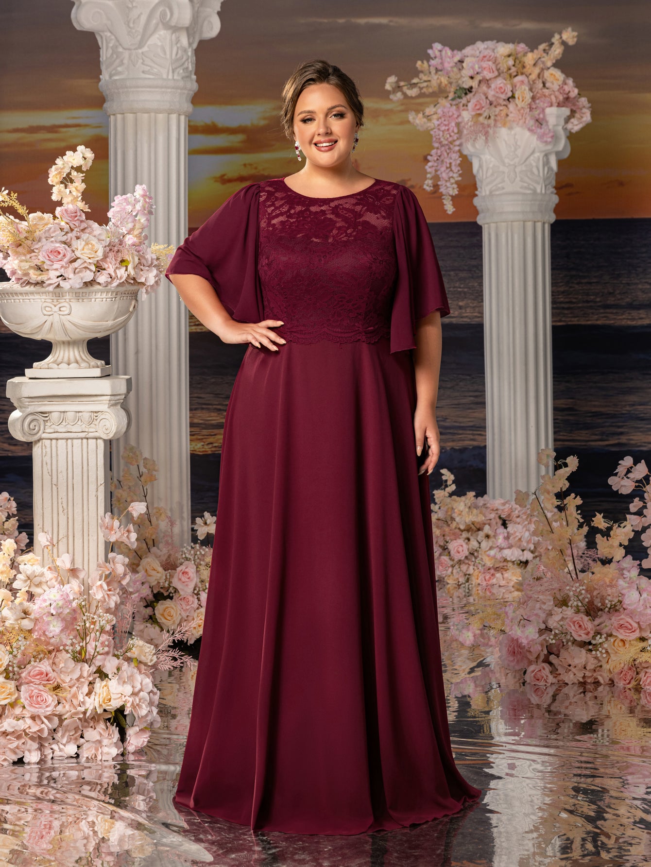 wedding dinner dress for mother Plus Womens' ELegant Mother-of-the-Bride Gown: Lace Bodice with Chiff Elonnashop