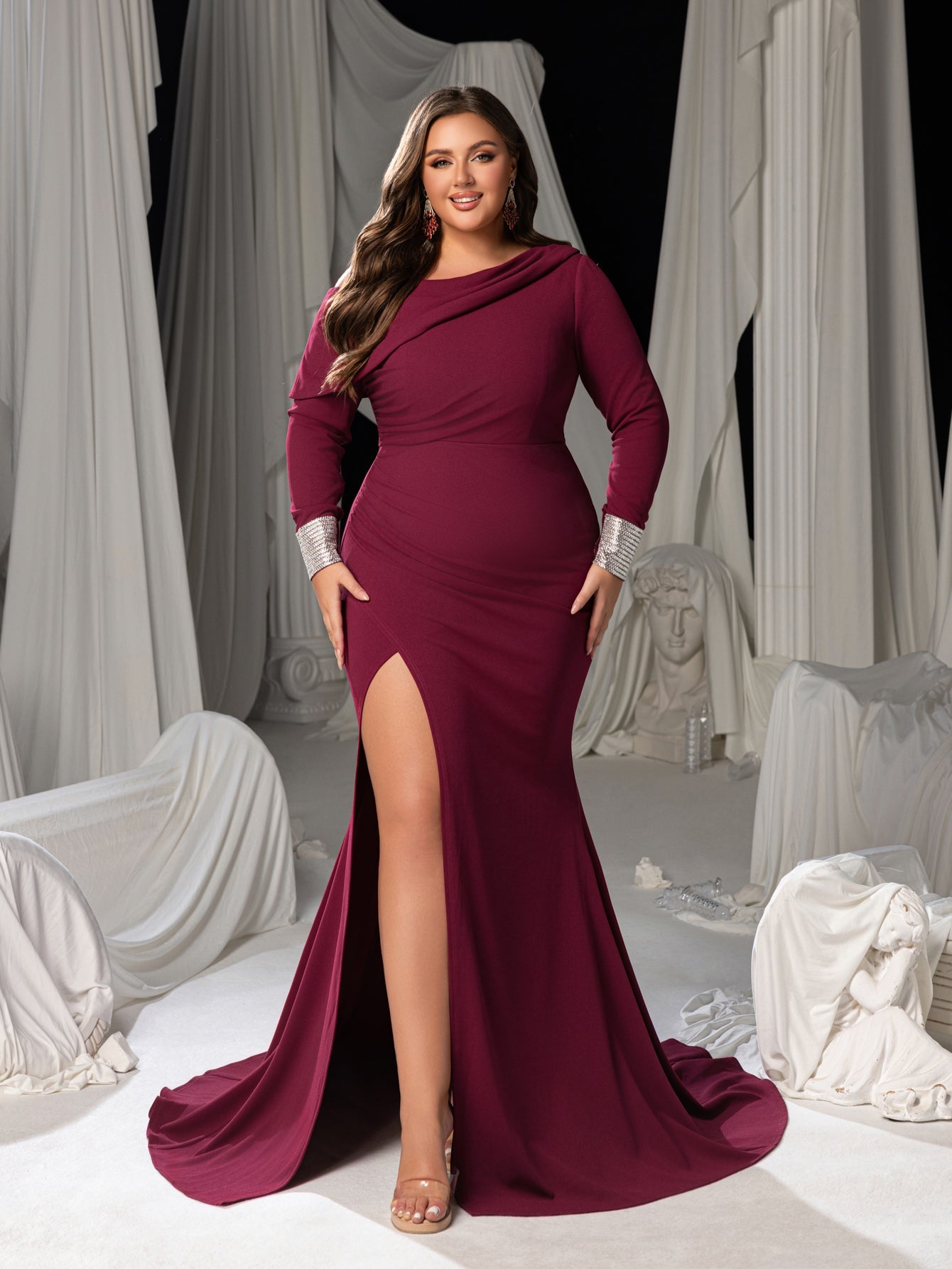 one shoulder dress plus size formal Plus Size Women's Elegant One Shoulder Chic Evening Gown with Leg Slit