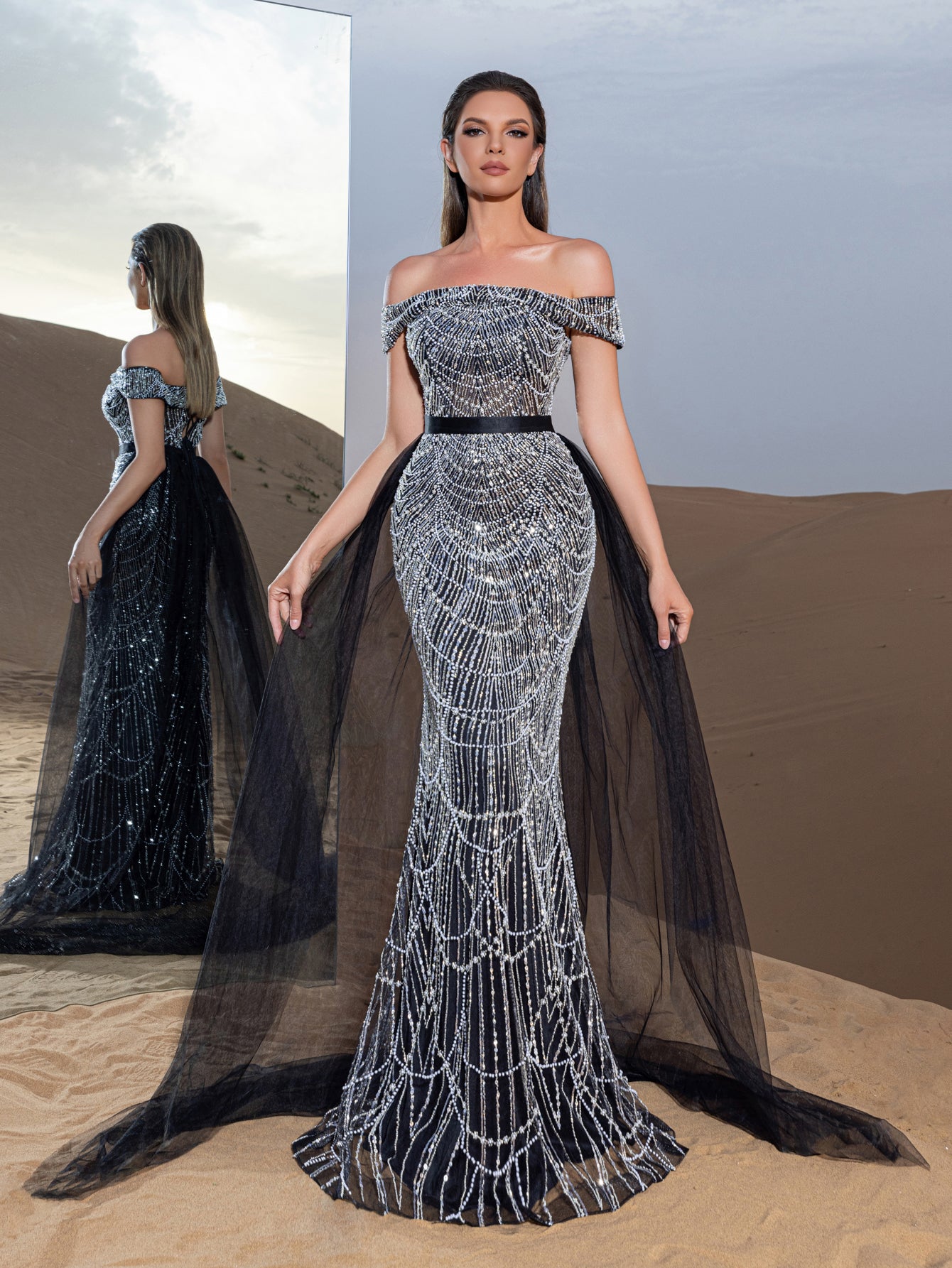 Luxury Off Shoulder Tulle Overlay Mermaid Hem Beaded Seuqin Evening Dress