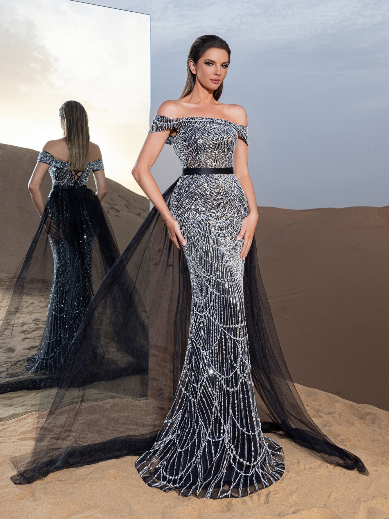 Luxury Off Shoulder Tulle Overlay Mermaid Hem Beaded Seuqin Evening Dress