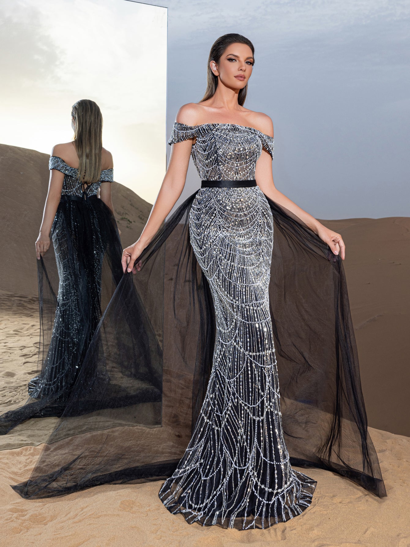 Luxury Off Shoulder Tulle Overlay Mermaid Hem Beaded Seuqin Evening Dress