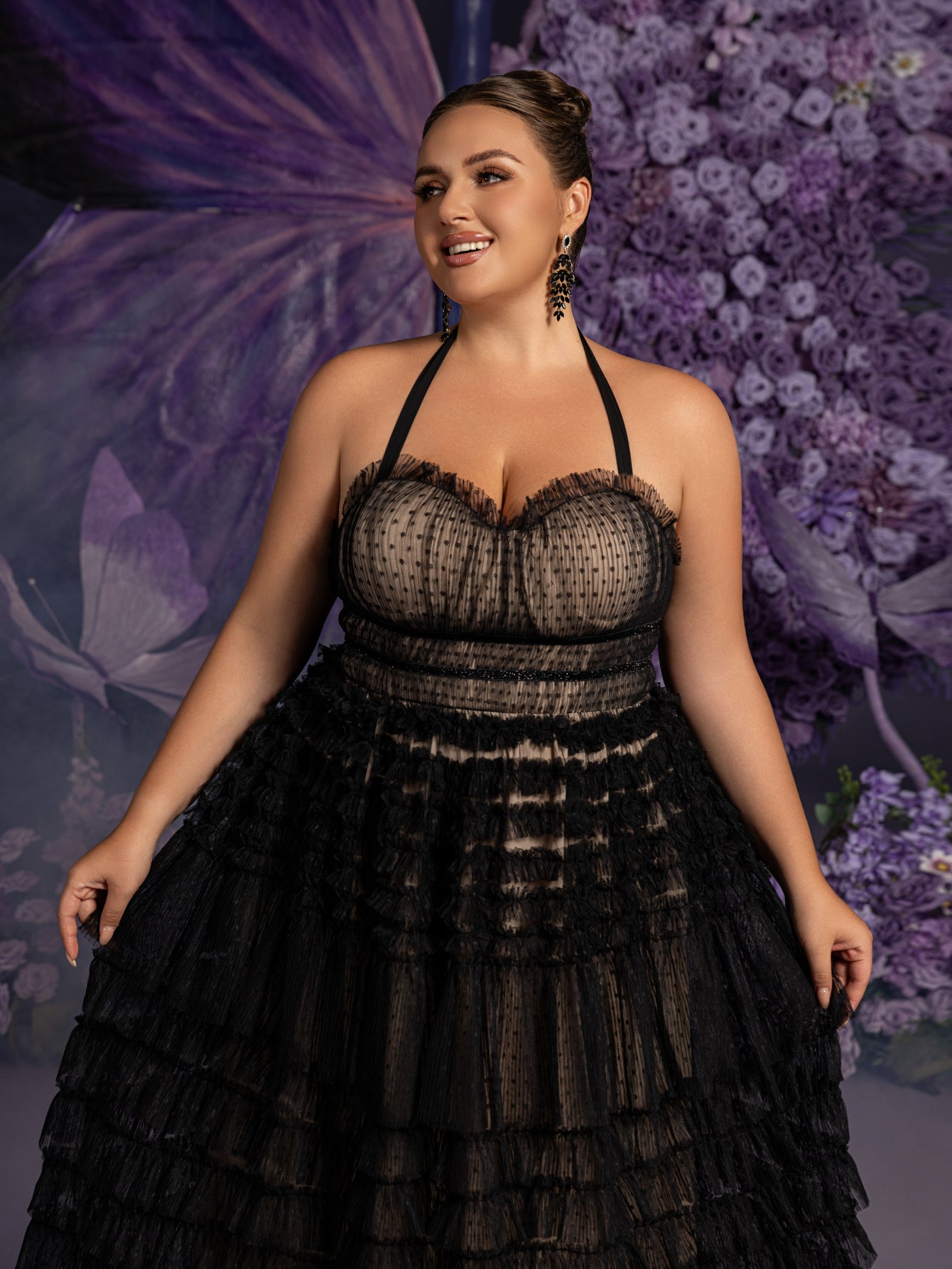 Plus Gorgeous Halter Neck Lace-up Back Cascading Ruffle Hem Tulle Wed Elonnashop Plus Gorgeous Halter Neck Lace-up Back Cascading Ruffle Hem Tulle Wed Elonnashop