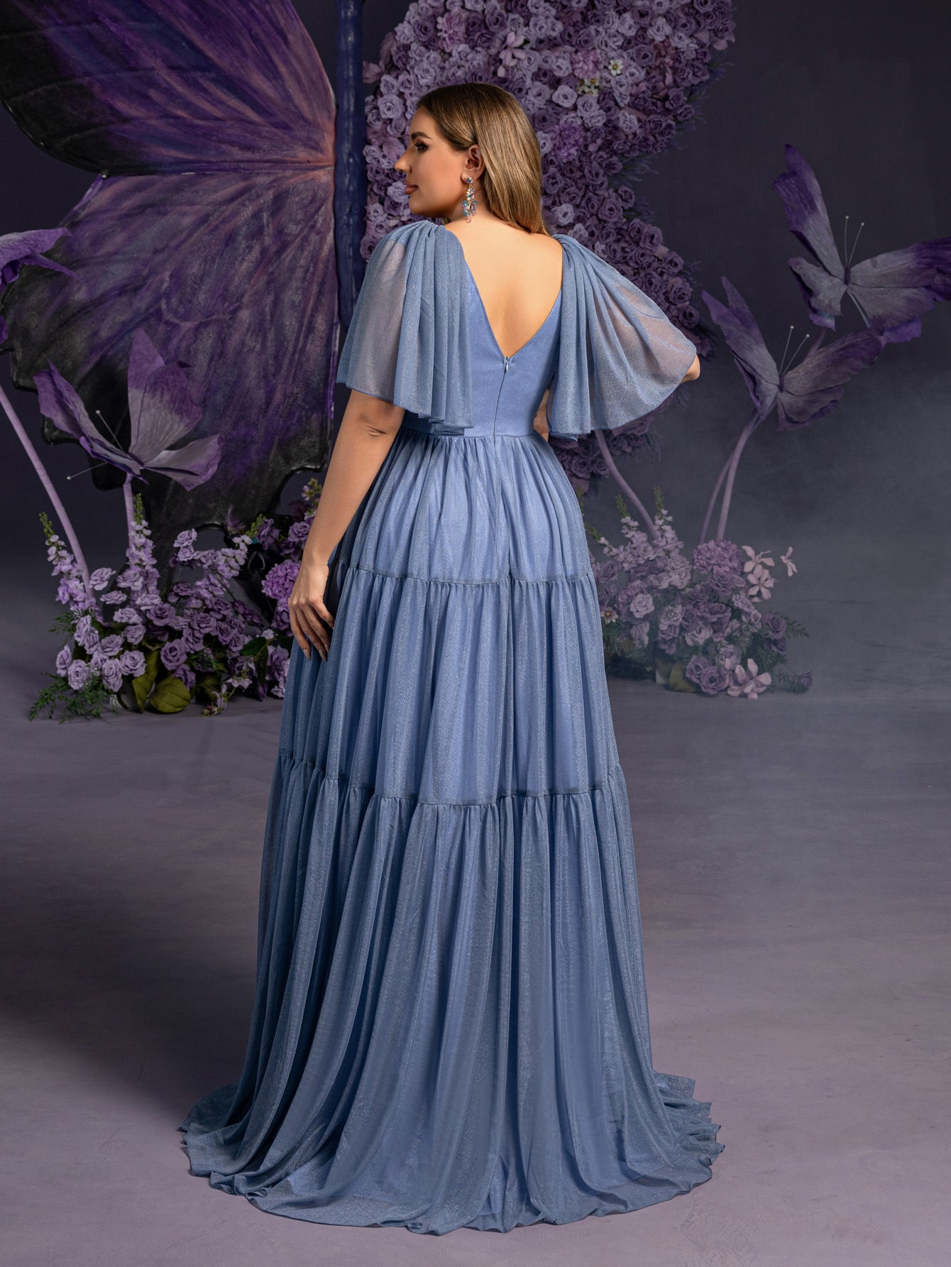 Plus Maternity Gowns: Deep V-Neck & Sheer Sleeve Tiered Tulle Dresses for Pregnancy Photoshoots – 1XL-5XL