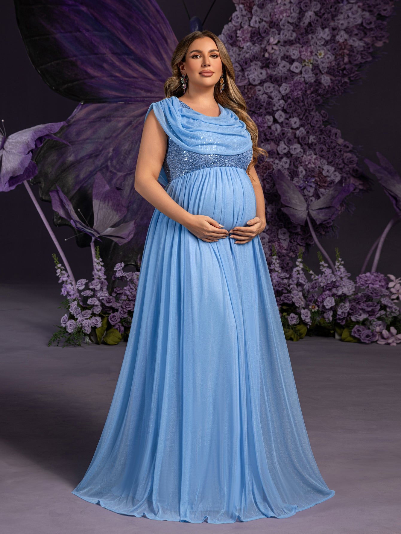 Plus Maternity Draped Neckline Contrast Sequin Formal Party Dress