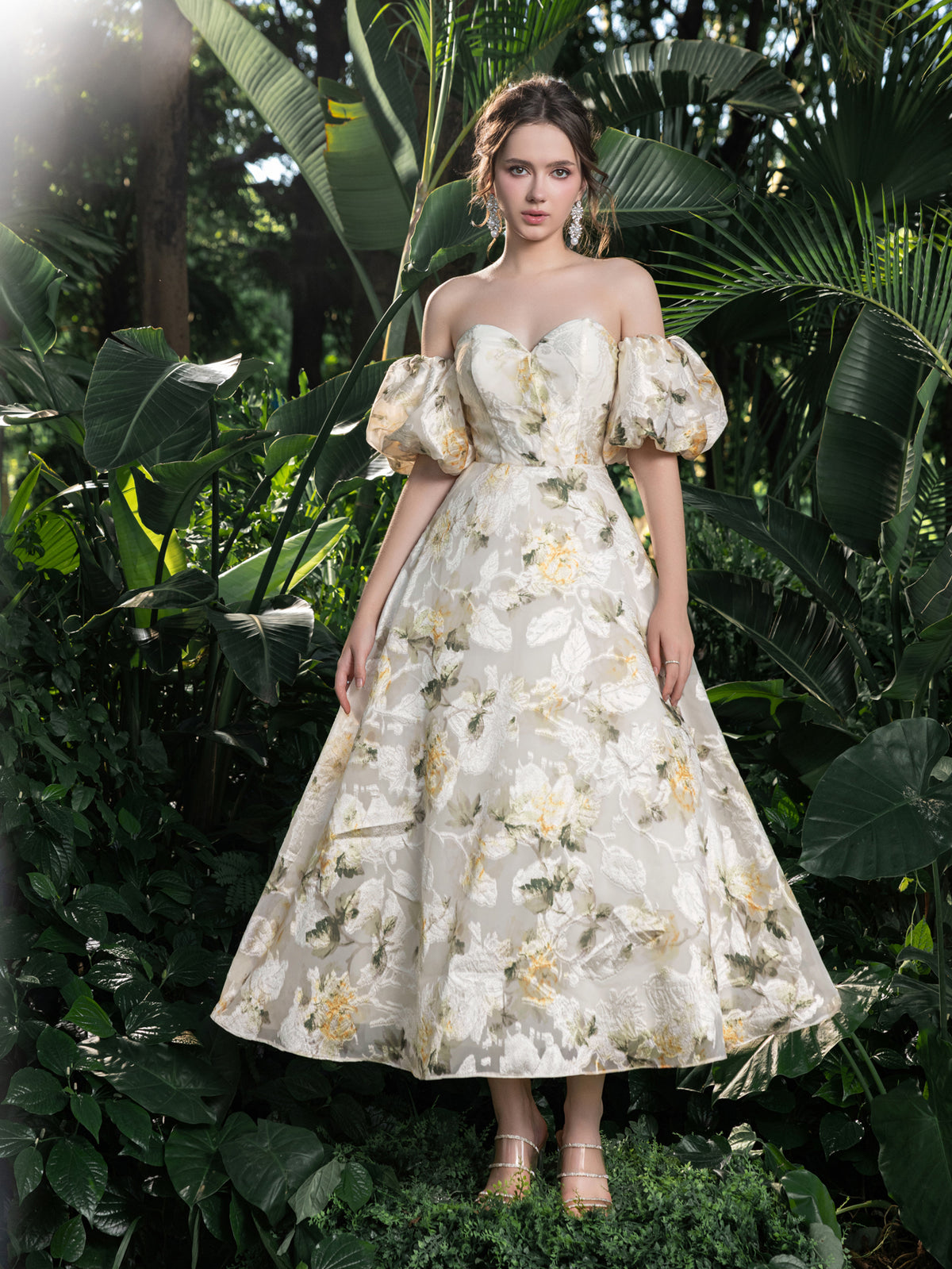 Midi Floral Jacquard Off-Shoulder Gown – Elegant Dress for Garden Galas, Spring Weddings & Formal Events
