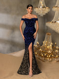 Elegant Off Shoulder Split Mermaid Hem Ombre Sequin Evening Dress