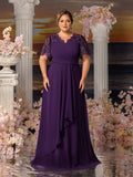 Plus Womens' Evening Gown with Lace Short Sleeves, Sparkling Beaded Accents & Flowing Cascading Skirt – Dramatic Deep V-Neck Formal Dress