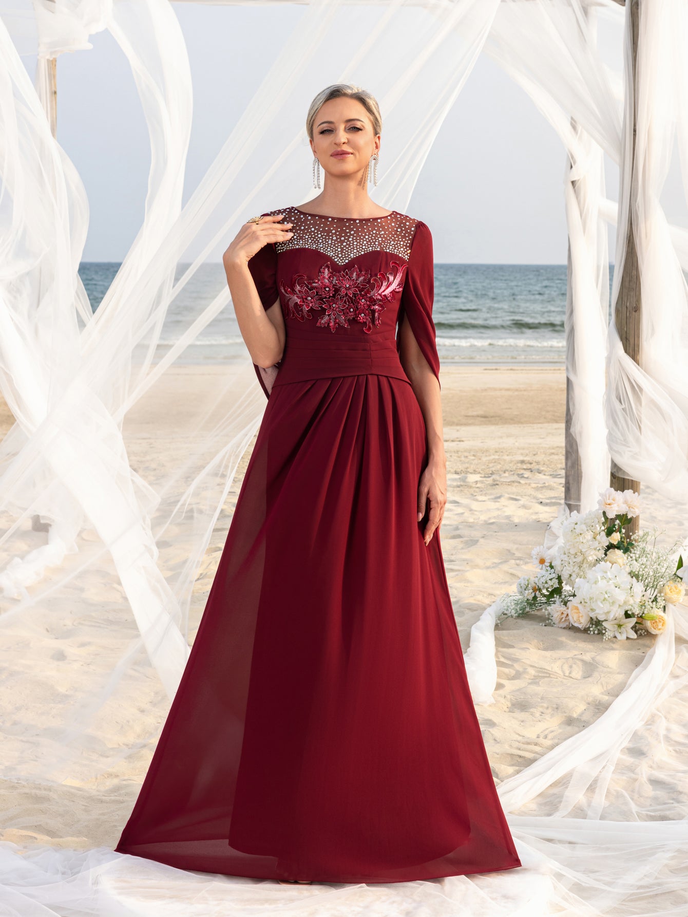 Womens' Elegant Mother of the Bride Gown with Rhinestone Neckline & F – Elonnashop Womens' Elegant Mother of the Bride Gown with Rhinestone Neckline & F – Elonnashop