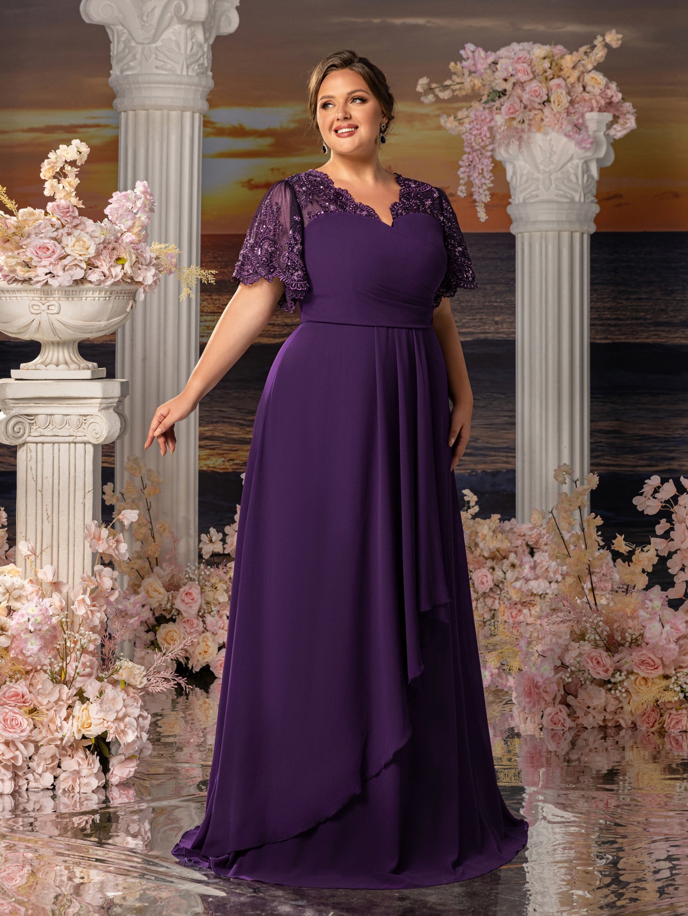 Plus Womens' Evening Gown with Lace Short Sleeves, Sparkling Beaded Accents & Flowing Cascading Skirt – Dramatic Deep V-Neck Formal Dress