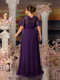 Plus Womens' Evening Gown with Lace Short Sleeves, Sparkling Beaded Accents & Flowing Cascading Skirt – Dramatic Deep V-Neck Formal Dress