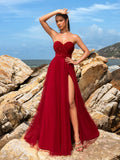 Elegant Strapless Split Thigh A-line Formal Evening Dress