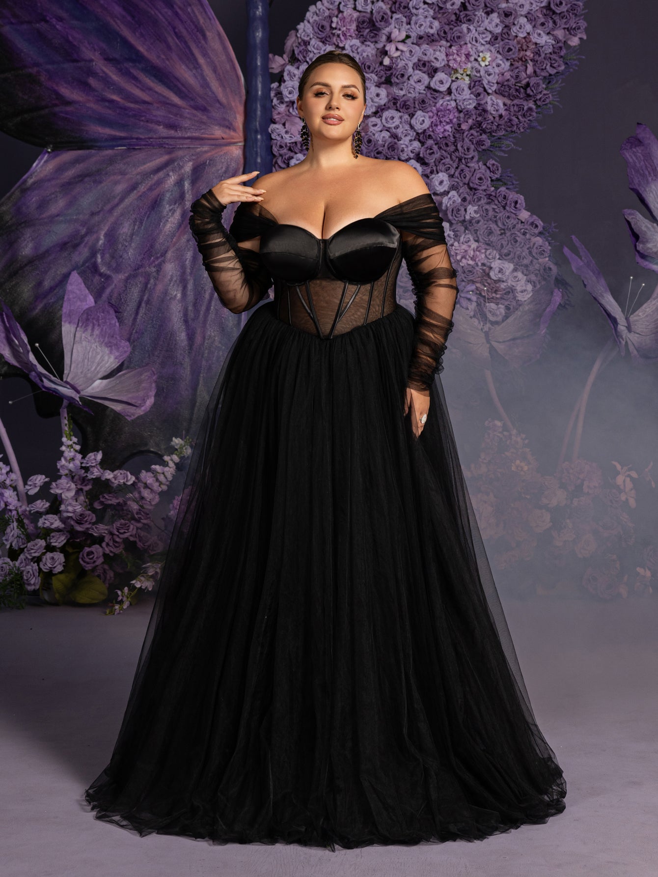 Plus Off Shoulder Sheer Sleeves Tulle Evening Gown Wedding Dress