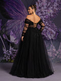 Plus Off Shoulder Sheer Sleeves Tulle Evening Gown Wedding Dress