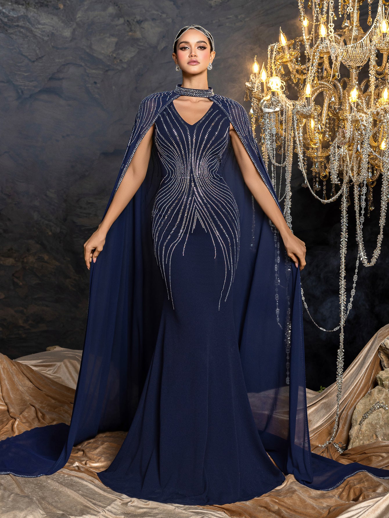 Elegant Two-Piece Evening Gown with Detachable Cape | Deep V-Neck Mermaid Dress & Opera Length Rhinestone Cape