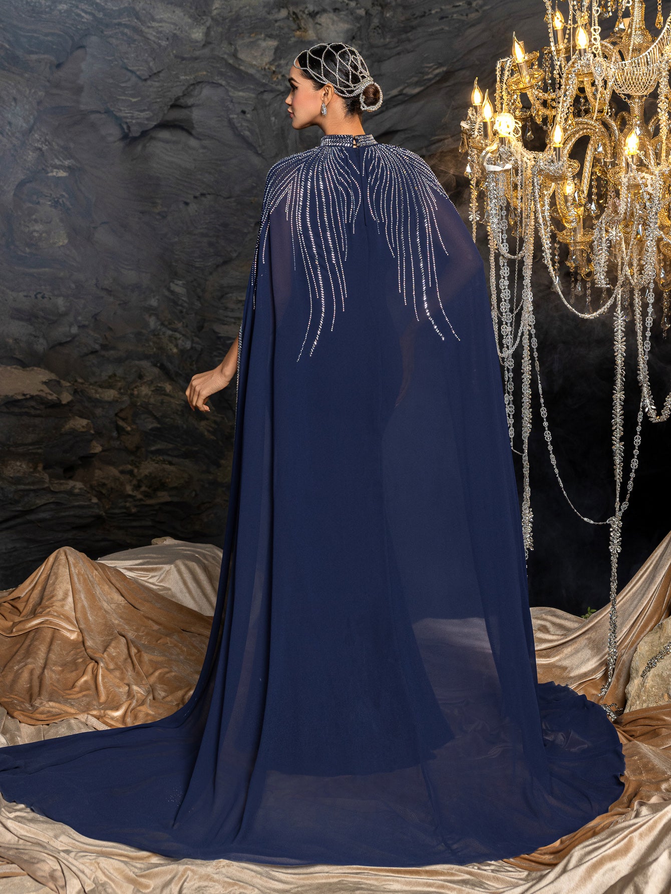 Elegant Two-Piece Evening Gown with Detachable Cape | Deep V-Neck Mermaid Dress & Opera Length Rhinestone Cape