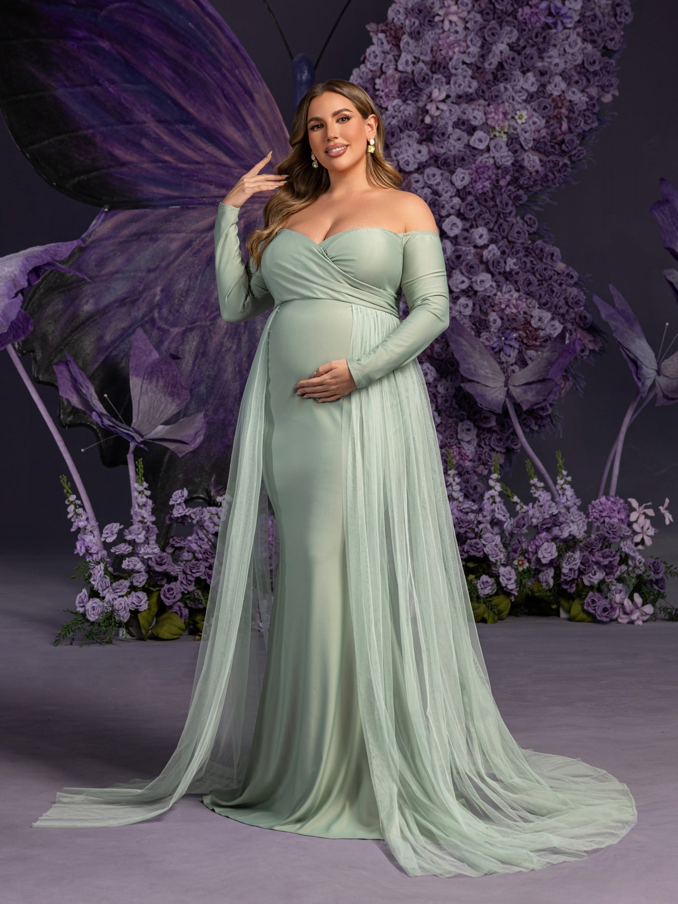 Plus Maternity Off Shoulder Contrast Mesh Mermaid Dress
