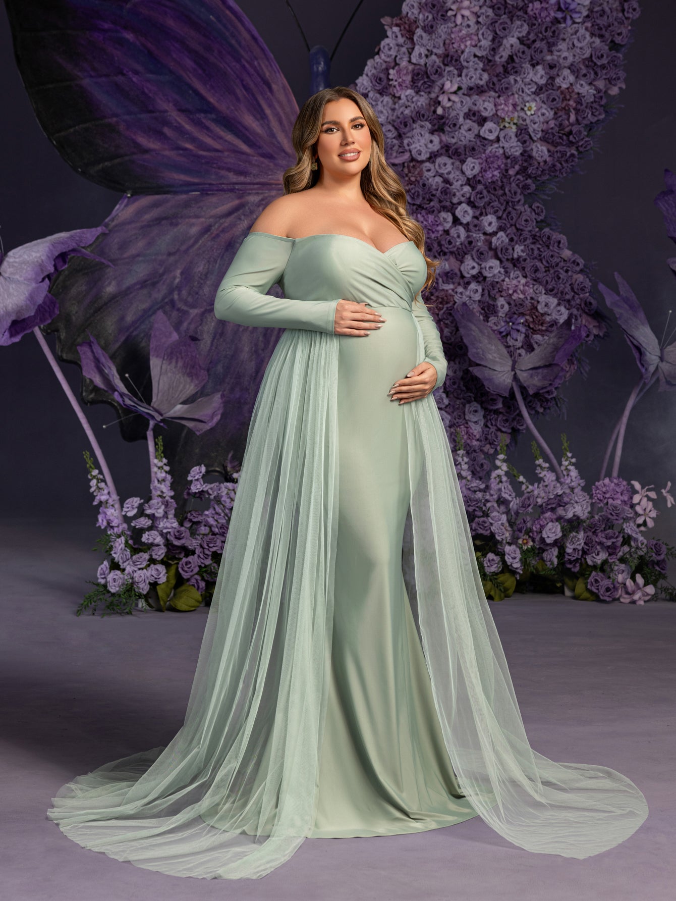 Plus Maternity Off Shoulder Contrast Mesh Mermaid Dress