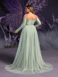 Plus Maternity Off Shoulder Contrast Mesh Mermaid Dress
