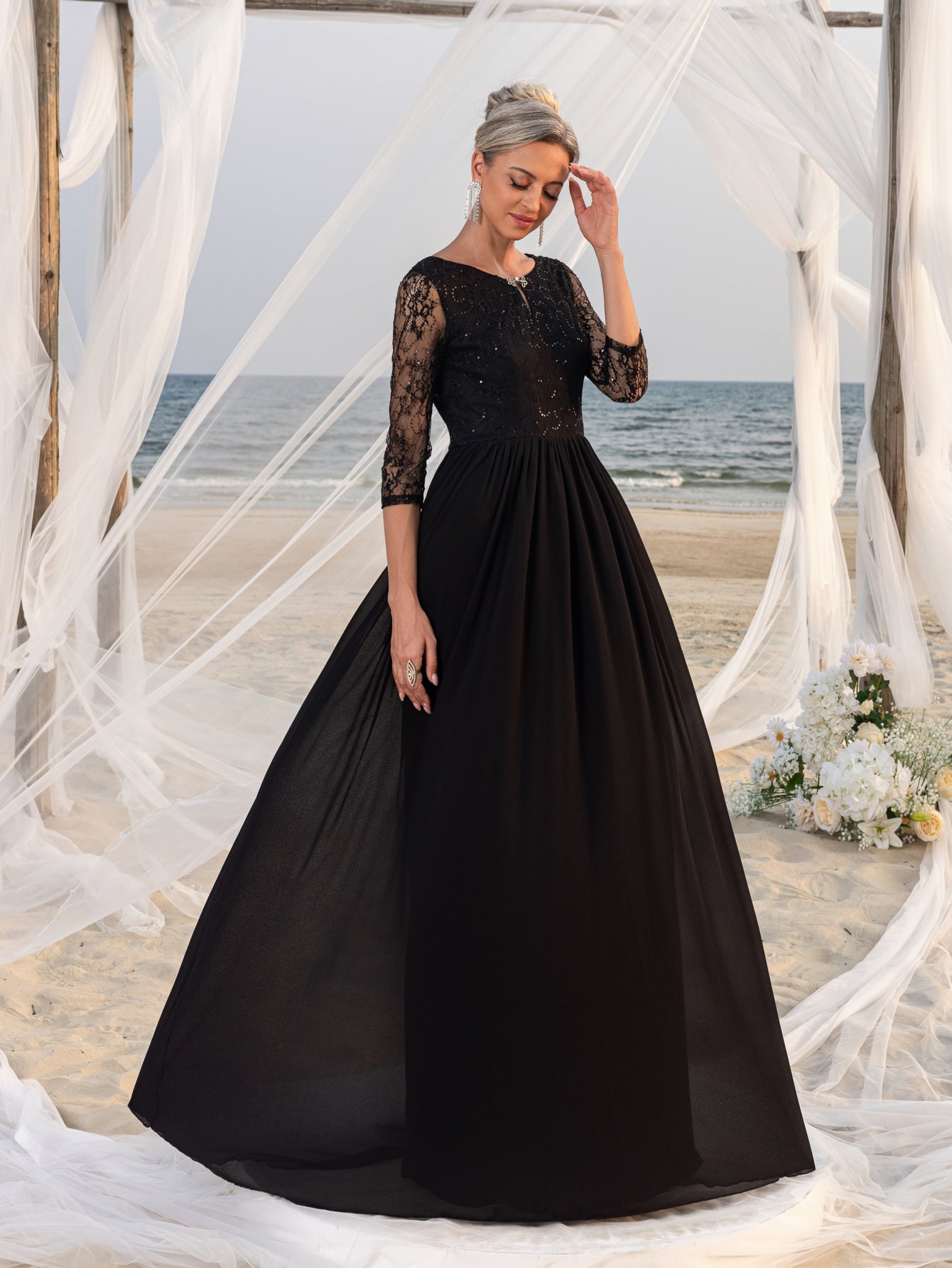 Womens' Lace Bodice & Chiffon Skirt Mother-of-the-Bride Formal Dress Elonnashop Womens' Lace Bodice & Chiffon Skirt Mother-of-the-Bride Formal Dress Elonnashop