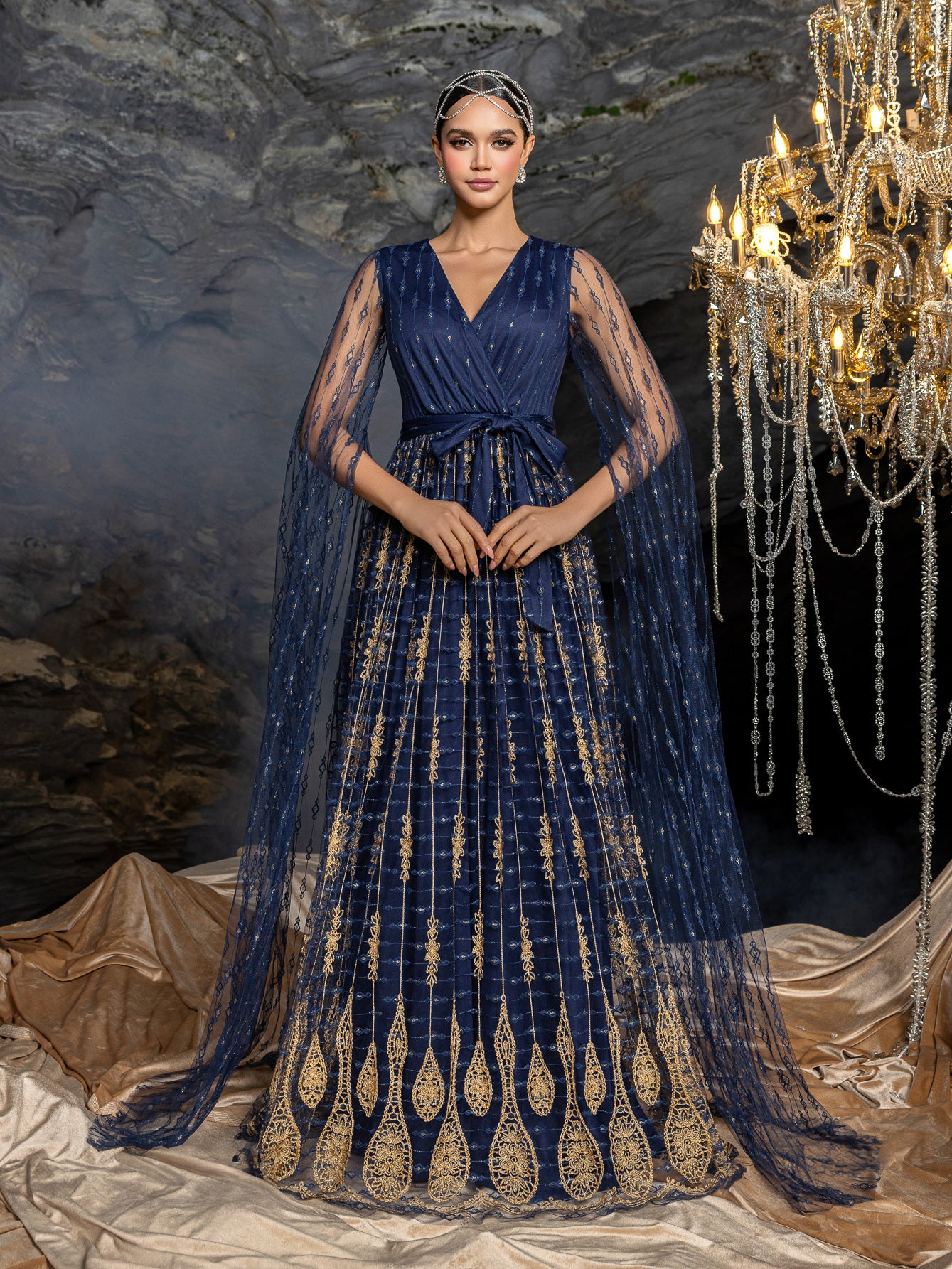 Elegant Sheer Sleeve Evening Gown with Capelet | Structured Bodice & Floor-Length Train