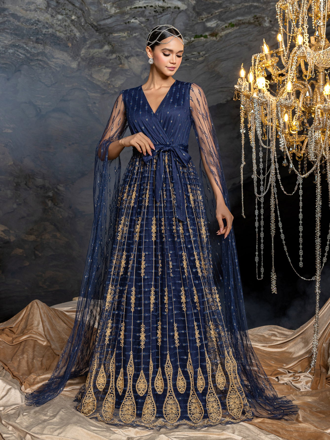 Elegant Sheer Sleeve Evening Gown with Capelet | Structured Bodice & Floor-Length Train