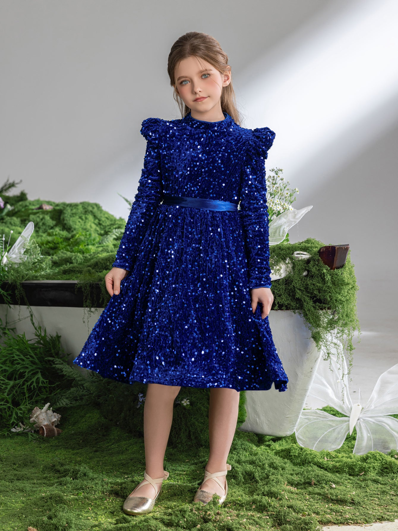 Tween Girls' Mock Neck Gigot Sleeve Sequin A Line Dress