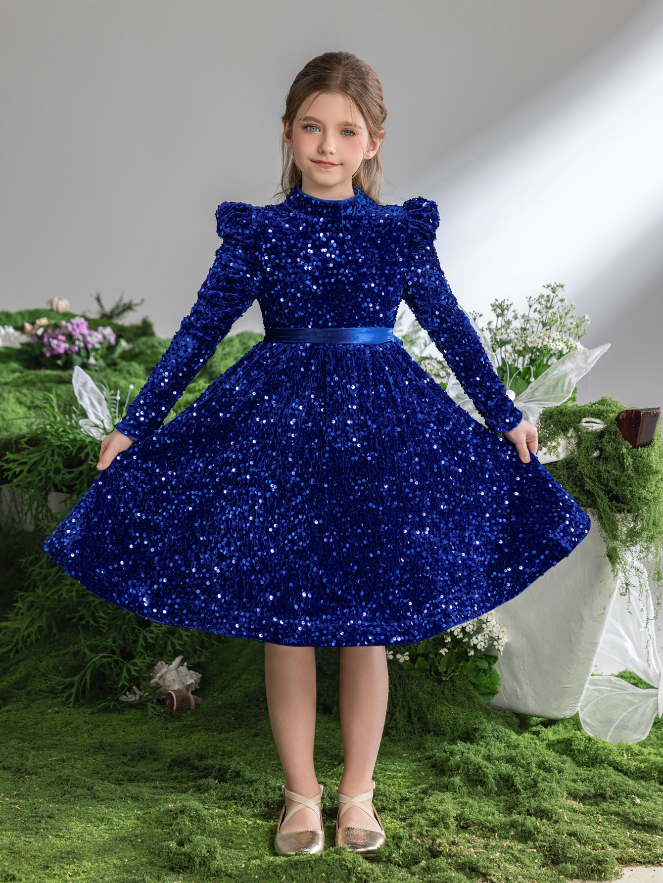 Tween Girls' Mock Neck Gigot Sleeve Sequin A Line Dress