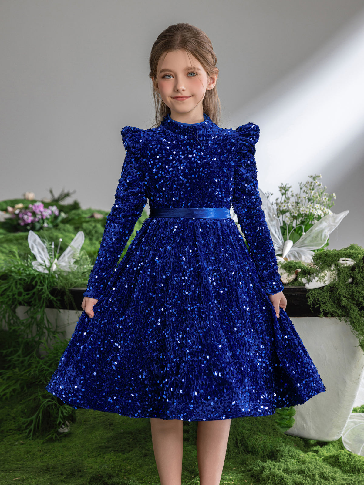 Tween Girls' Mock Neck Gigot Sleeve Sequin A Line Dress