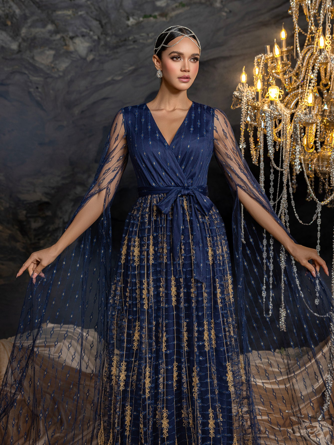 Elegant Sheer Sleeve Evening Gown with Capelet | Structured Bodice & Floor-Length Train