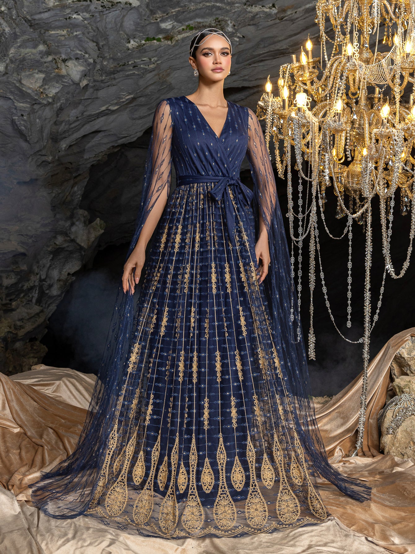 Elegant Sheer Sleeve Evening Gown with Capelet | Structured Bodice & Floor-Length Train