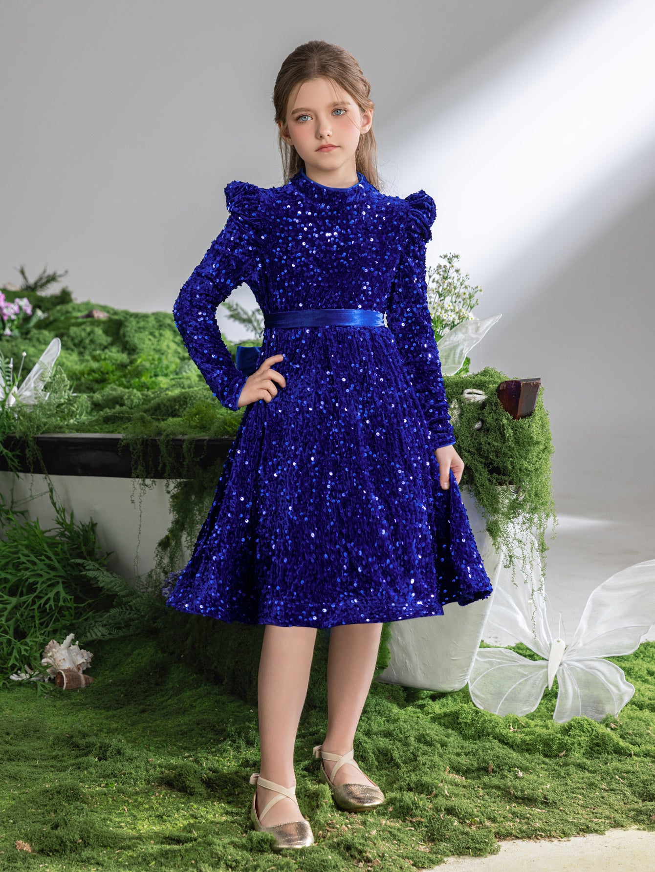 Tween Girls' Mock Neck Gigot Sleeve Sequin A Line Dress