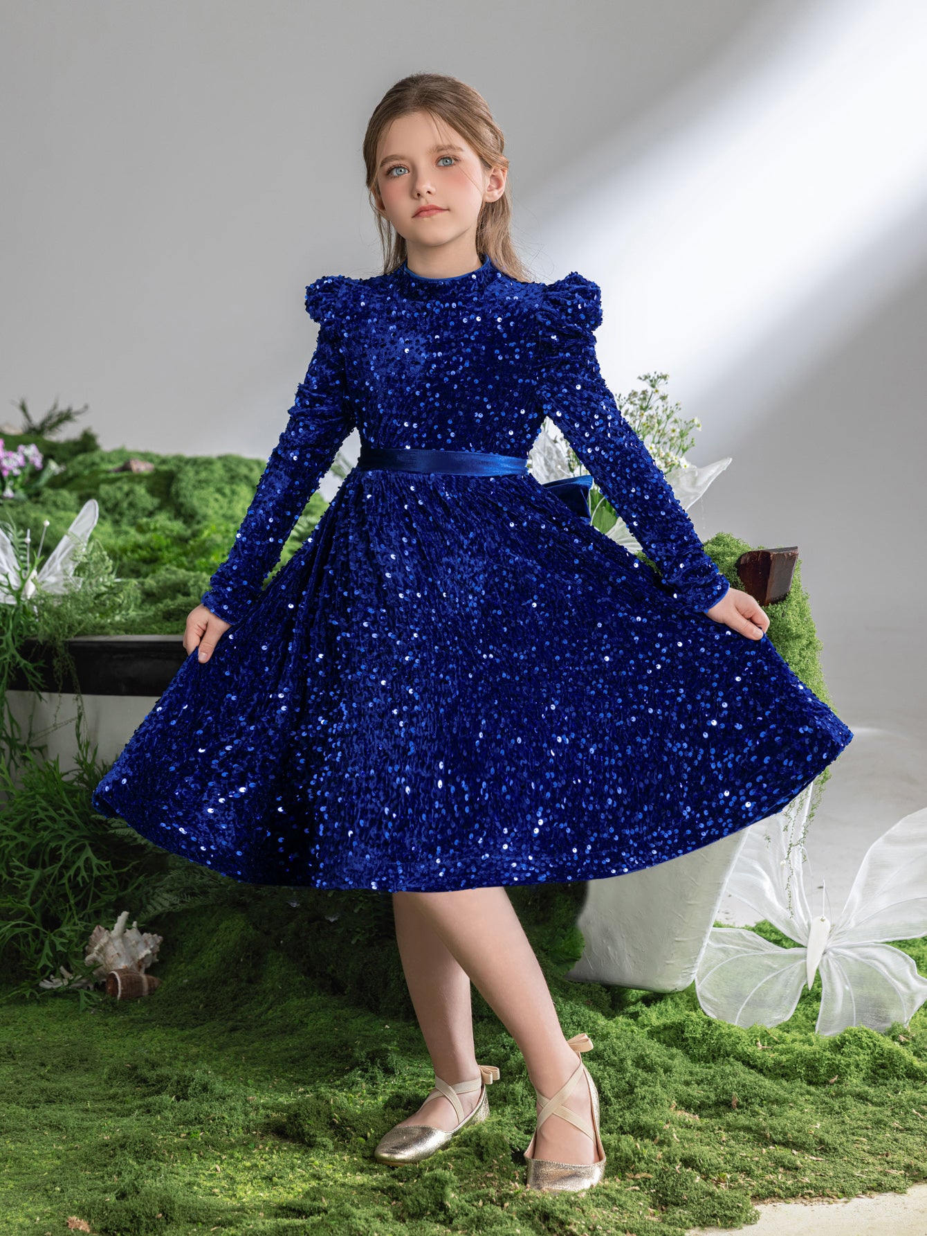 Tween Girls' Mock Neck Gigot Sleeve Sequin A Line Dress