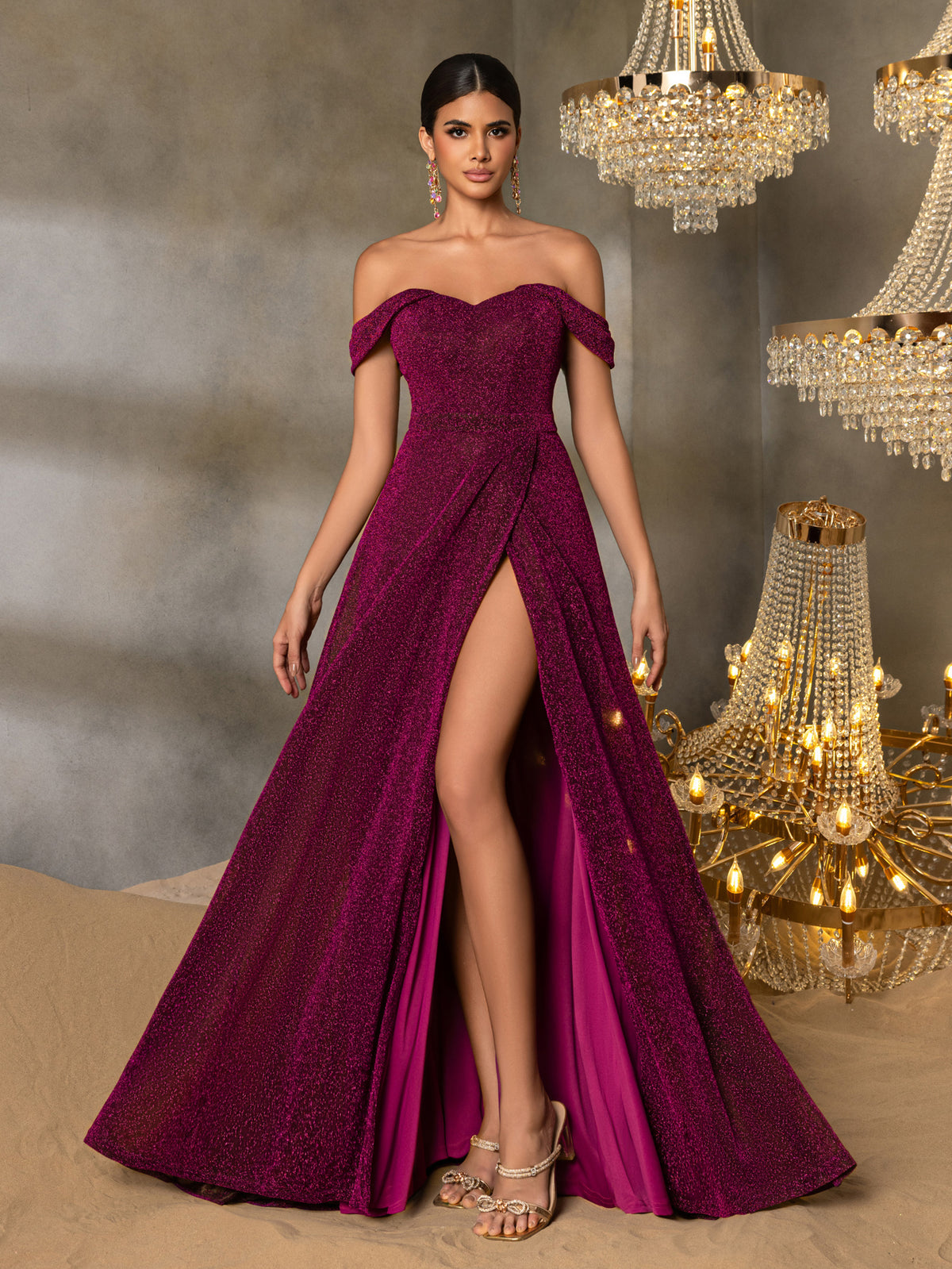 Glitter Off Shoulder A Line Split Thigh Evening Dress