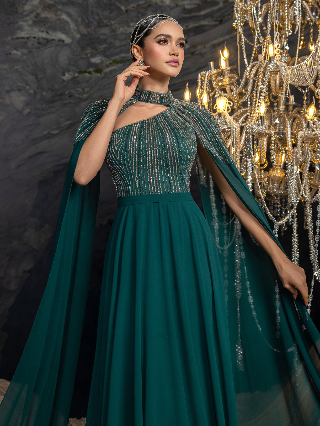 Gorgeous High Neck Chiffon Gown with Detachable Cape | Asymmetrical Cutout & Beaded Embroidery