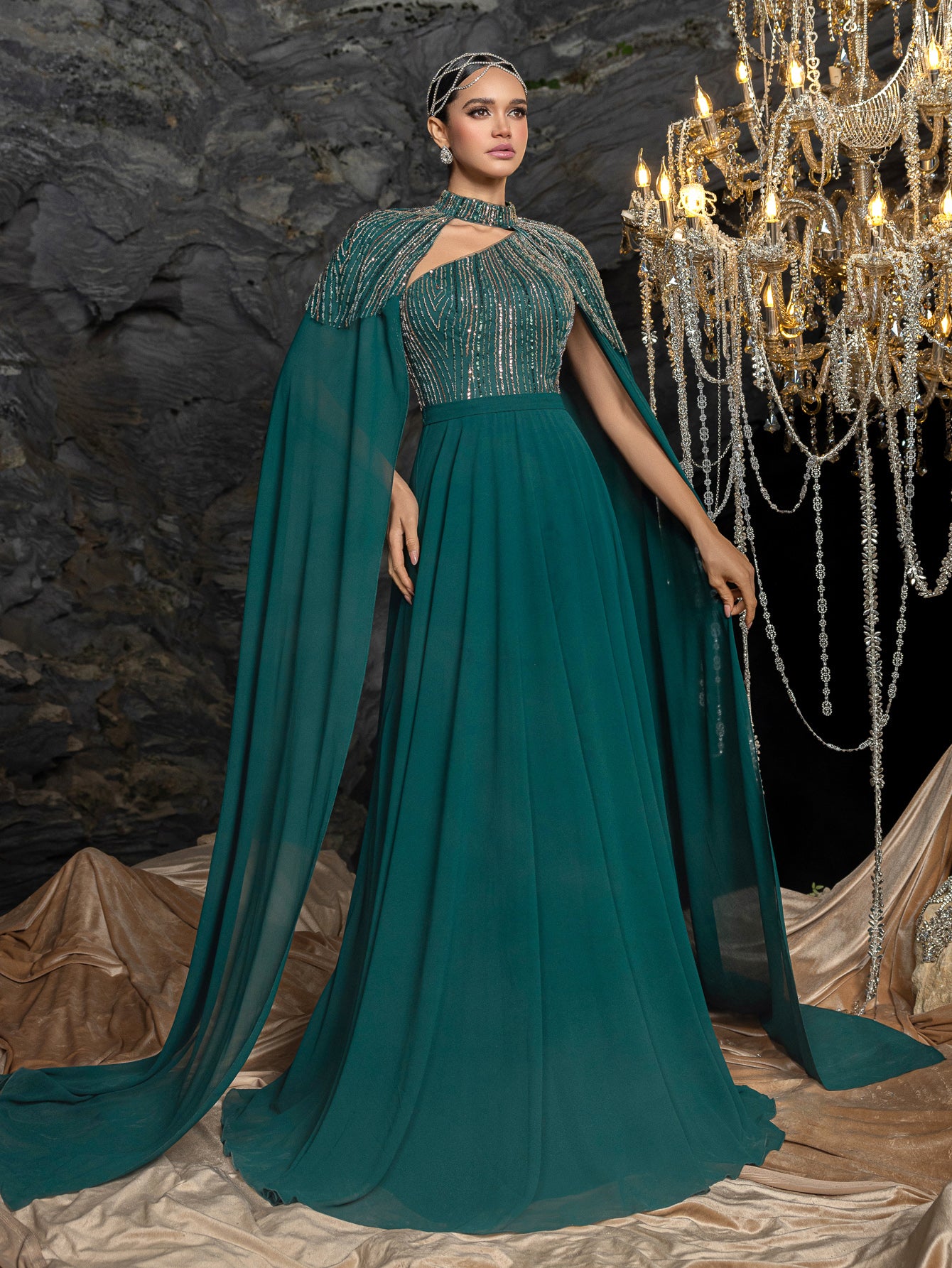 Gorgeous High Neck Chiffon Gown with Detachable Cape | Asymmetrical Cutout & Beaded Embroidery